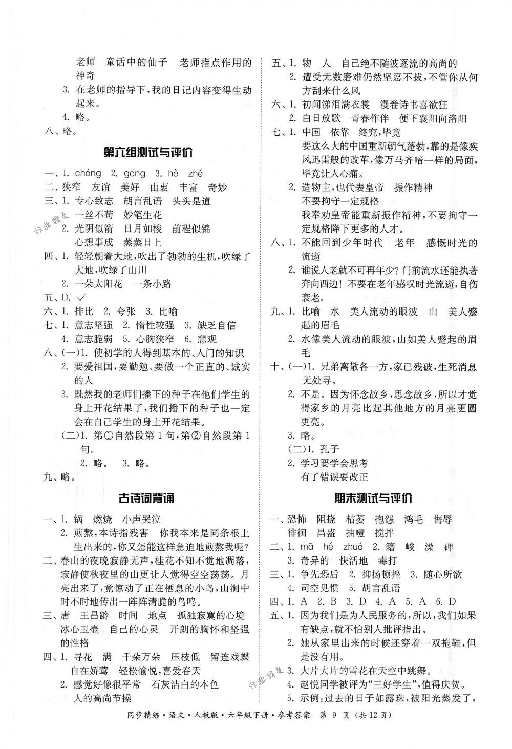 2018年同步精練六年級語文下冊人教版 第9頁