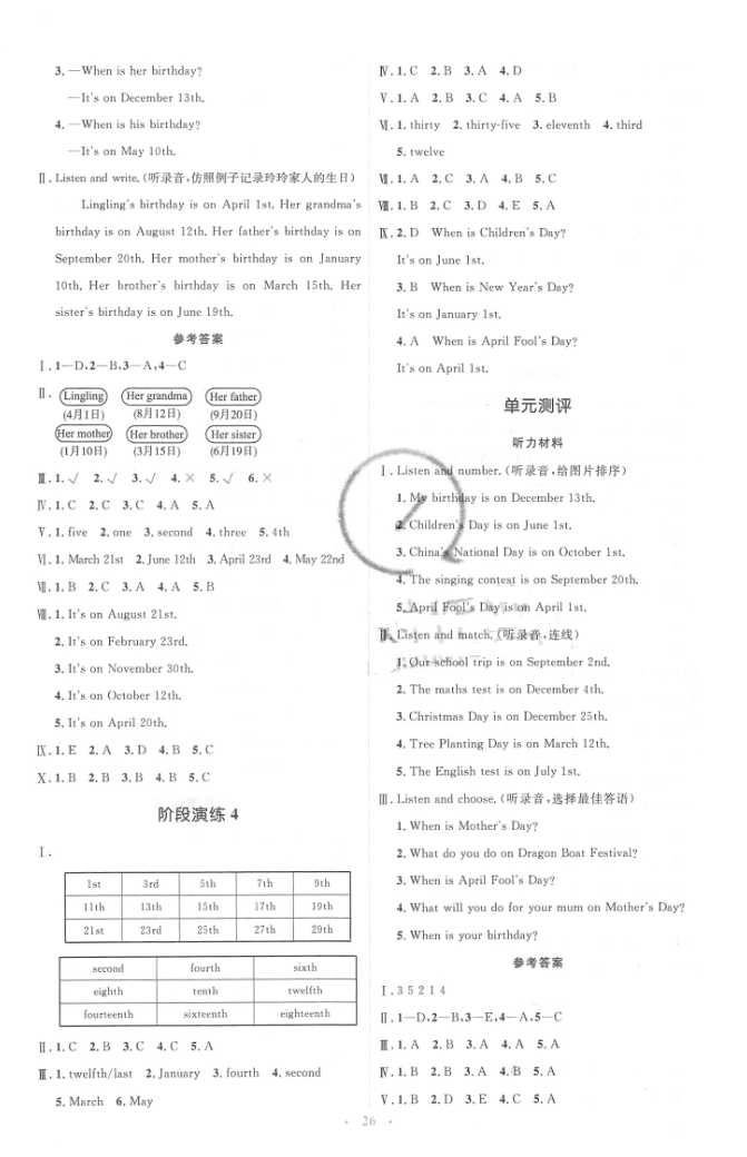 2018年人教金學(xué)典同步解析與測評學(xué)考練五年級英語下冊人教版 參考答案第6頁