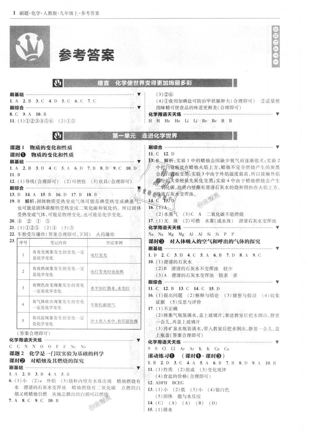 2018年北大绿卡刷题九年级化学上册人教版 第1页