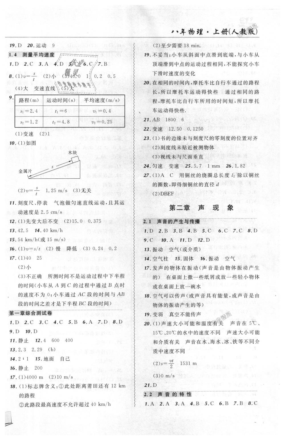 2018年北大绿卡课课大考卷八年级物理上册人教版 第2页