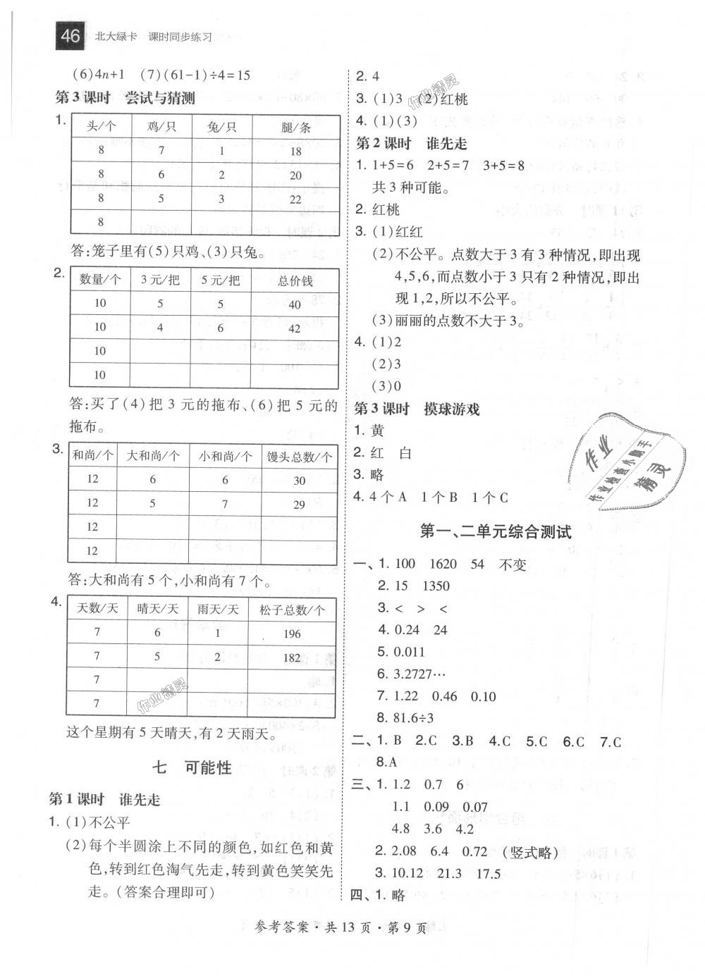 2018年北大绿卡五年级数学上册北师大版 第9页