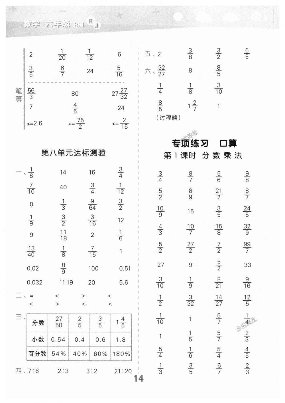 2018年小學(xué)口算大通關(guān)六年級(jí)數(shù)學(xué)上冊人教版 第14頁