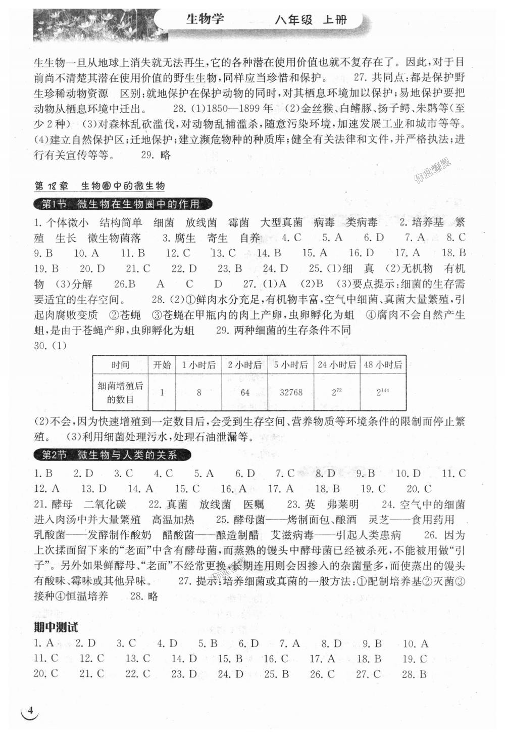 2018年长江作业本同步练习册八年级生物学上册北师大版 第4页