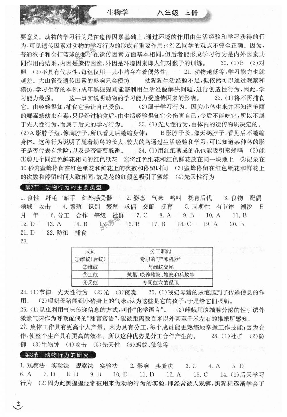 2018年长江作业本同步练习册八年级生物学上册北师大版 第2页