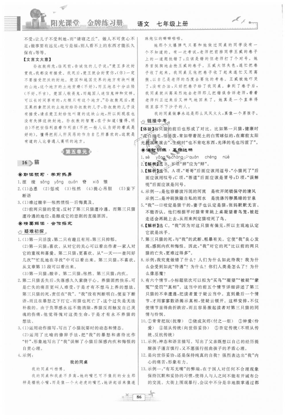 2018年阳光课堂金牌练习册七年级语文上册人教版福建专版 第12页