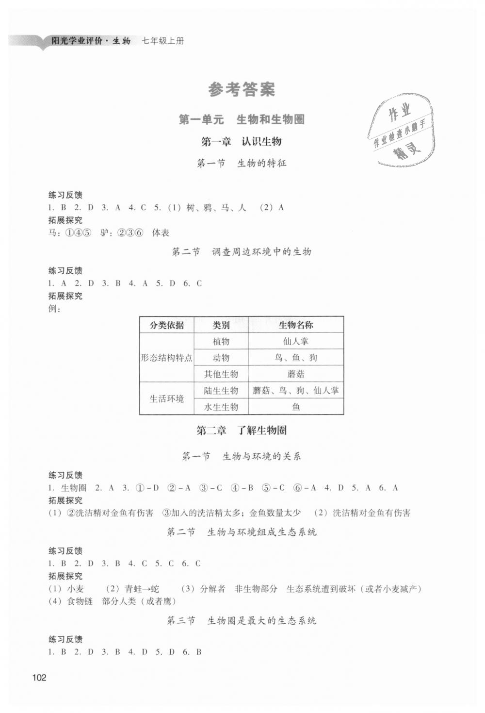 2018年阳光学业评价七年级生物上册人教版 第1页