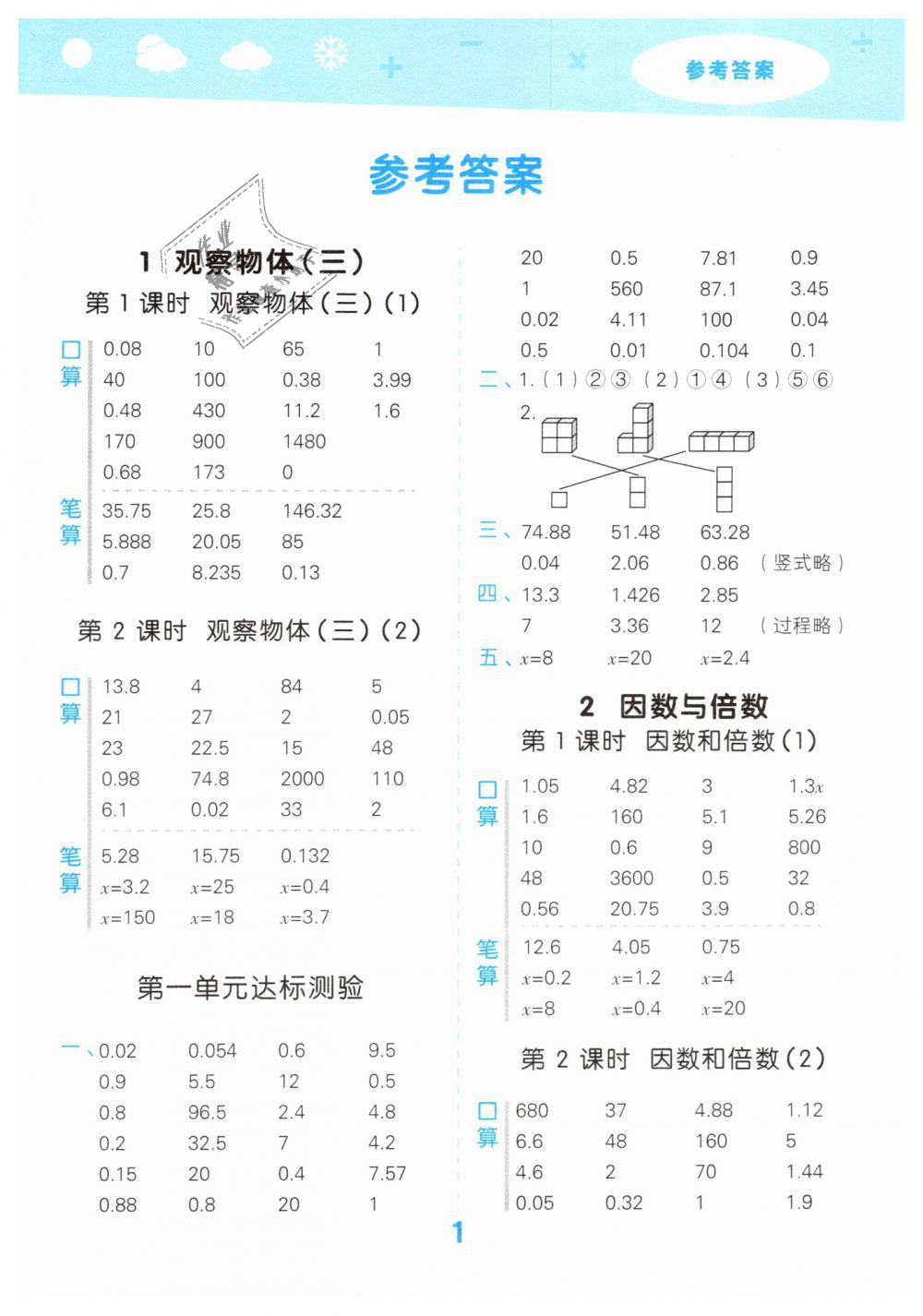 2019年小學(xué)口算大通關(guān)五年級(jí)數(shù)學(xué)下冊(cè)人教版 第1頁