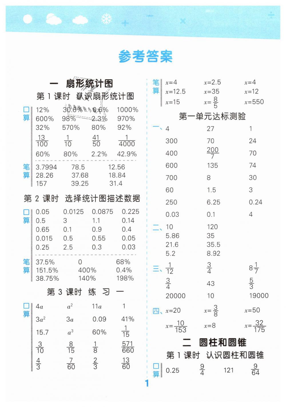 2019年小学口算大通关六年级数学下册苏教版 第1页