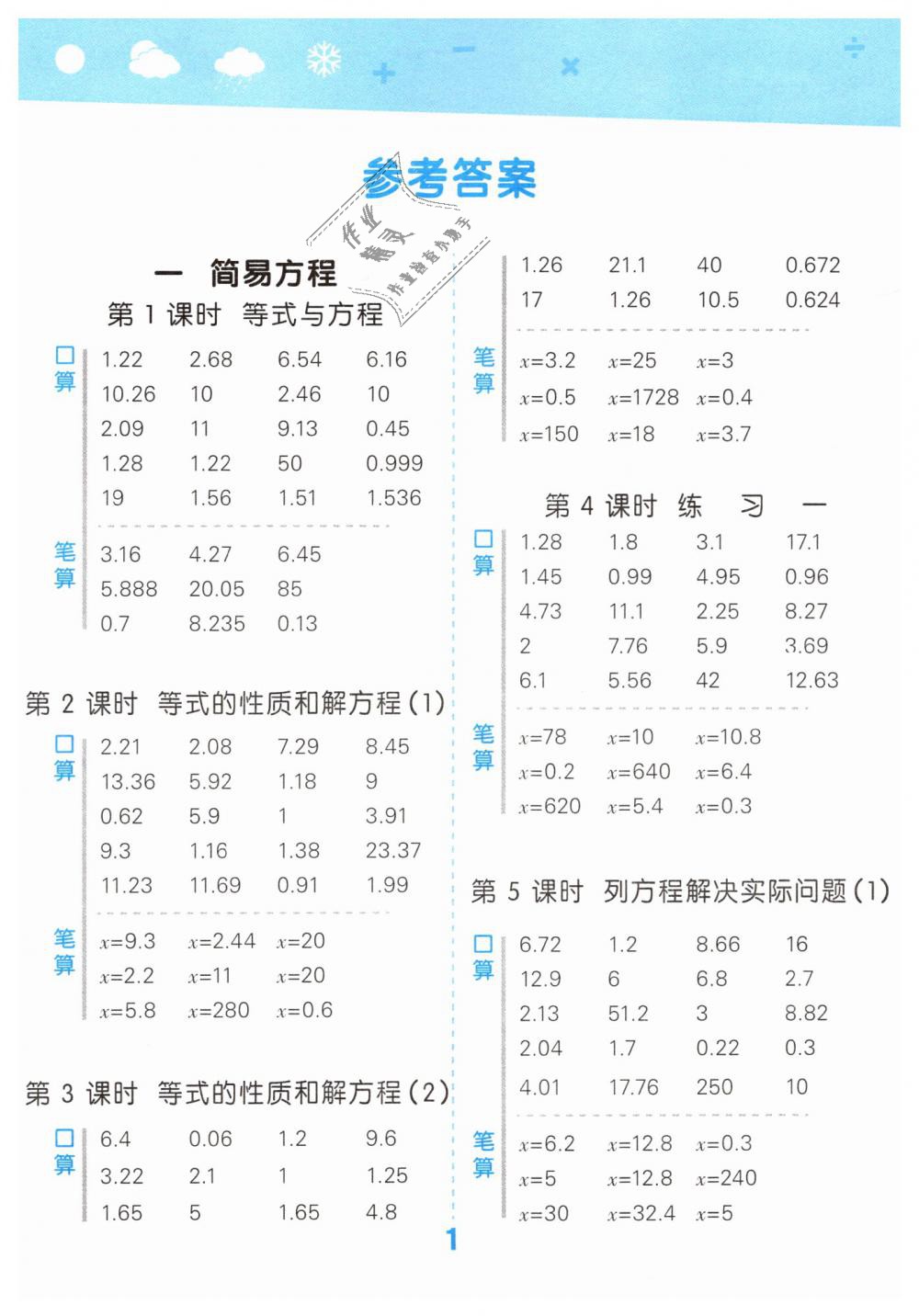 2019年小学口算大通关五年级数学下册苏教版 第1页