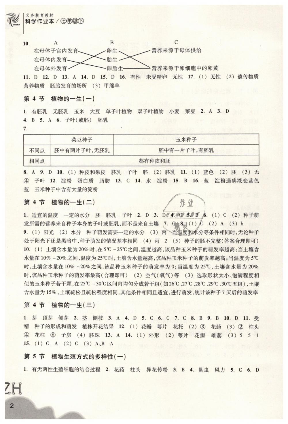 2019年作业本七年级科学下册浙教版浙江教育出版社 第2页