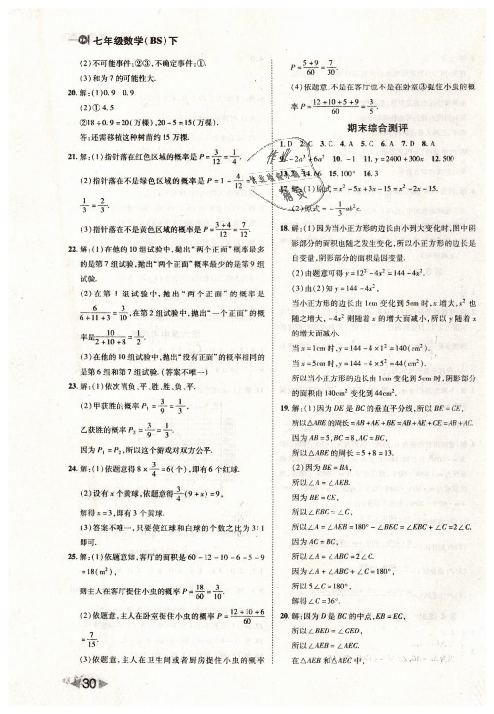 2019年胜券在握打好基础作业本七年级数学下册北师大版 第30页