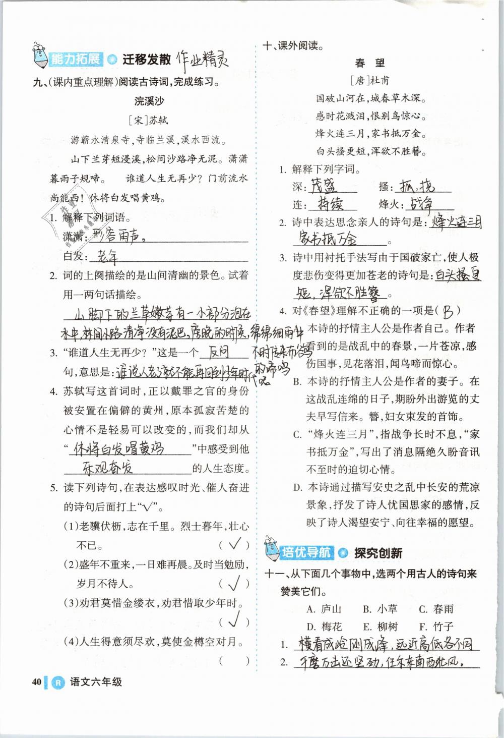 2019年名师三导学练考六年级语文下册人教版 参考答案第40页