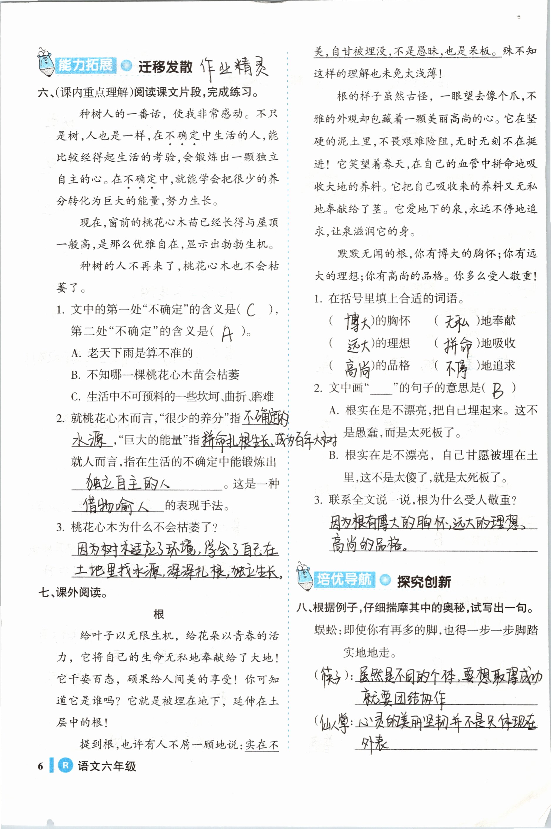 2019年名师三导学练考六年级语文下册人教版 参考答案第6页