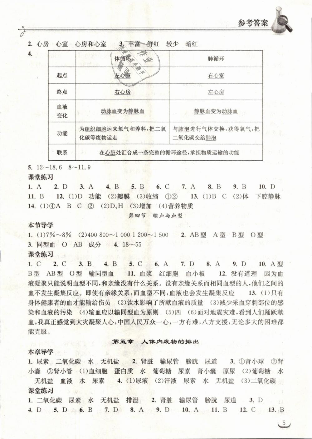 2019年长江作业本同步练习册七年级生物学下册人教版 第5页