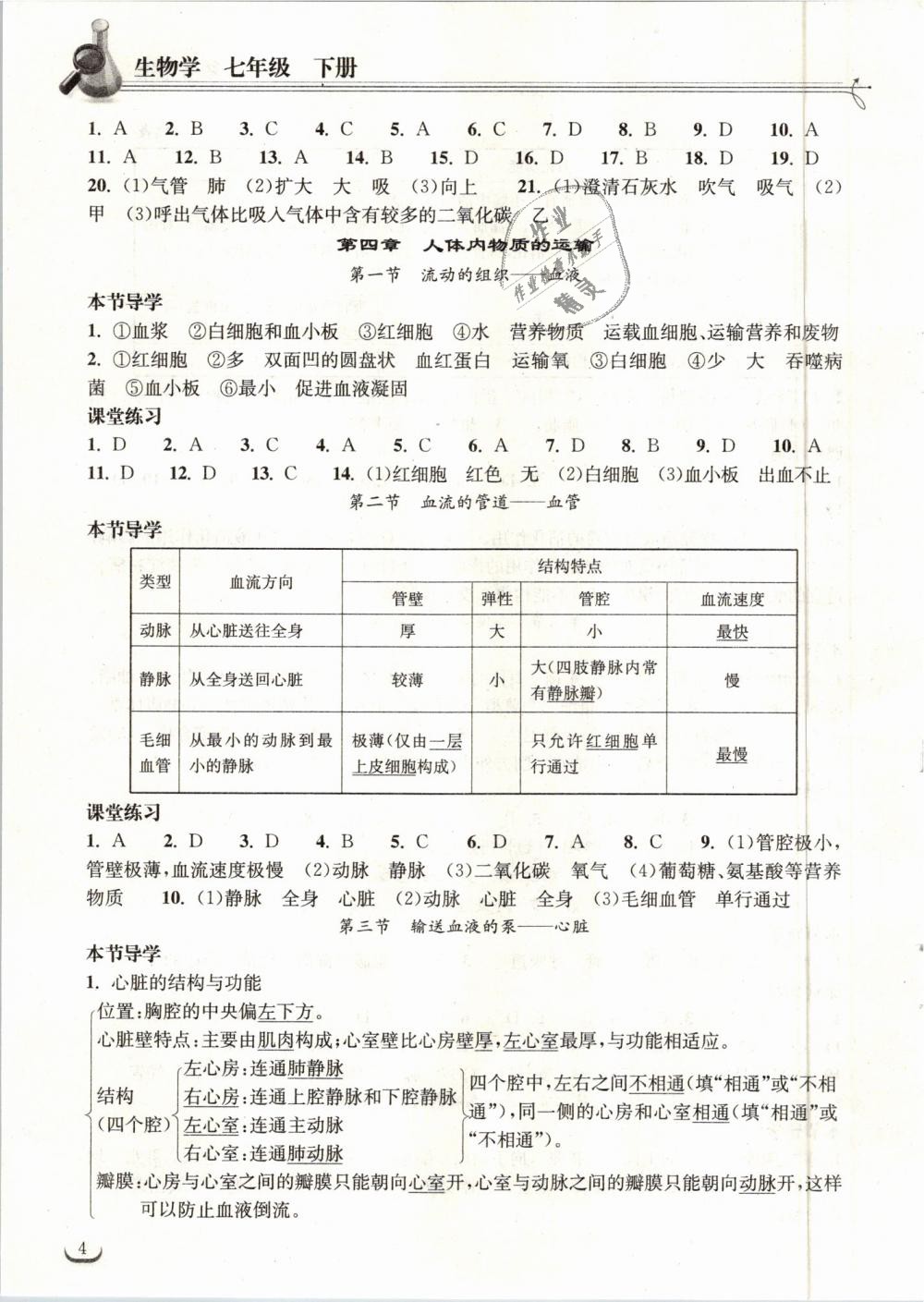 2019年长江作业本同步练习册七年级生物学下册人教版 第4页