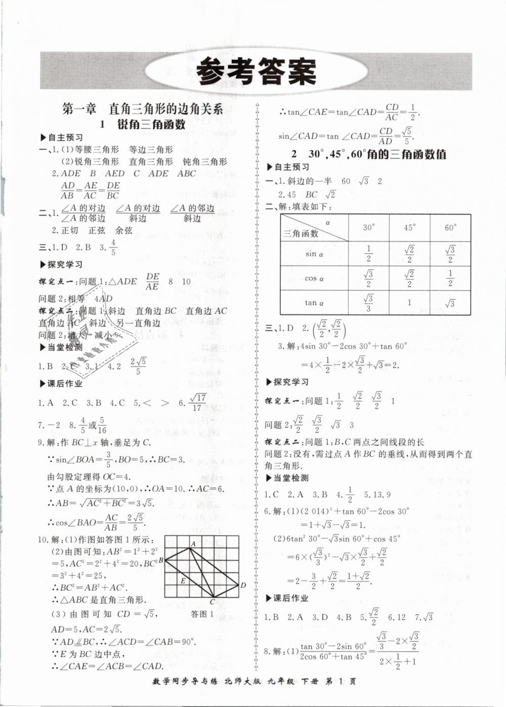 2019年新学案同步导与练九年级数学下册北师大版 第1页