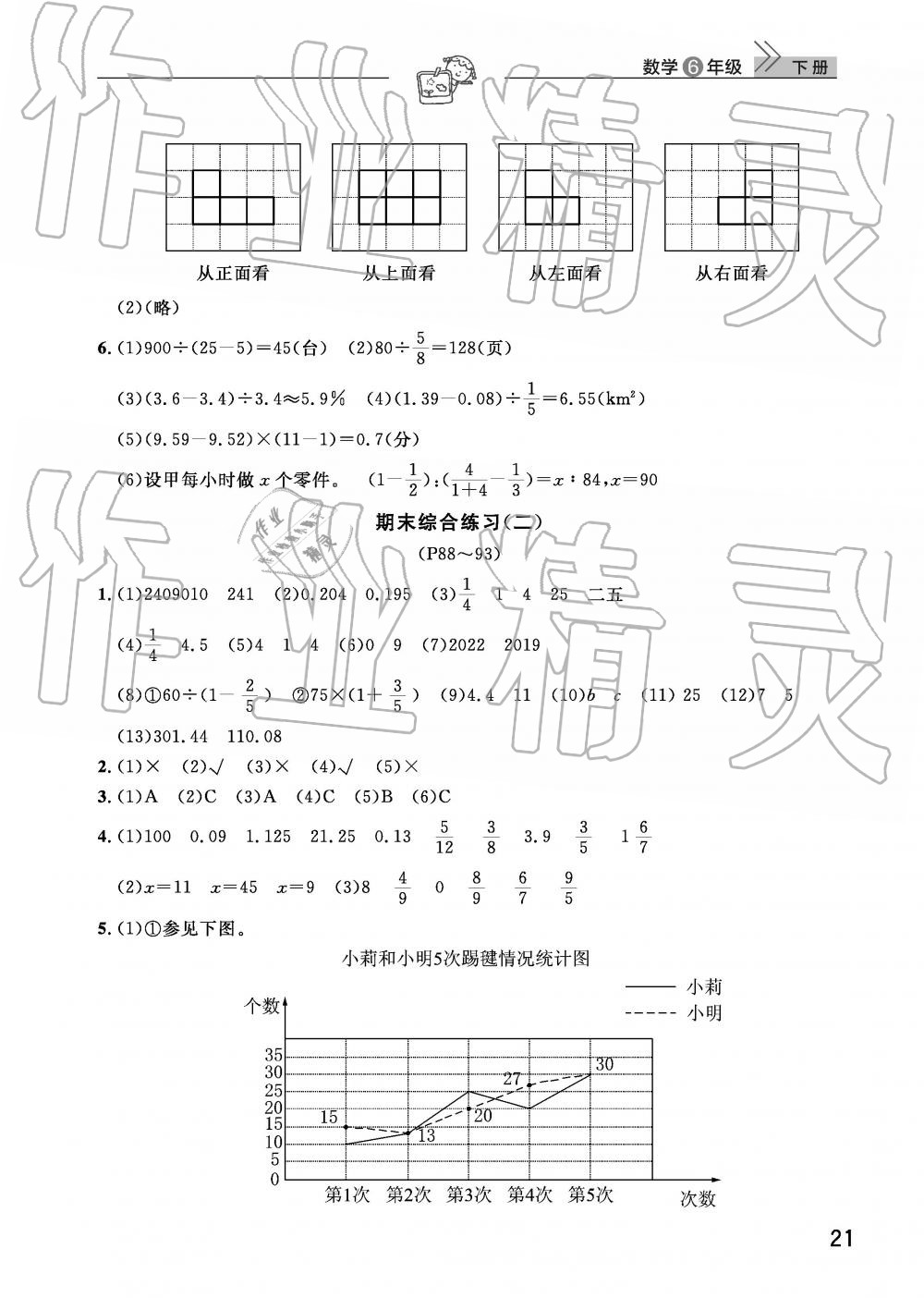 2019年智慧學(xué)習(xí)天天向上課堂作業(yè)六年級數(shù)學(xué)下冊人教版 參考答案第21頁