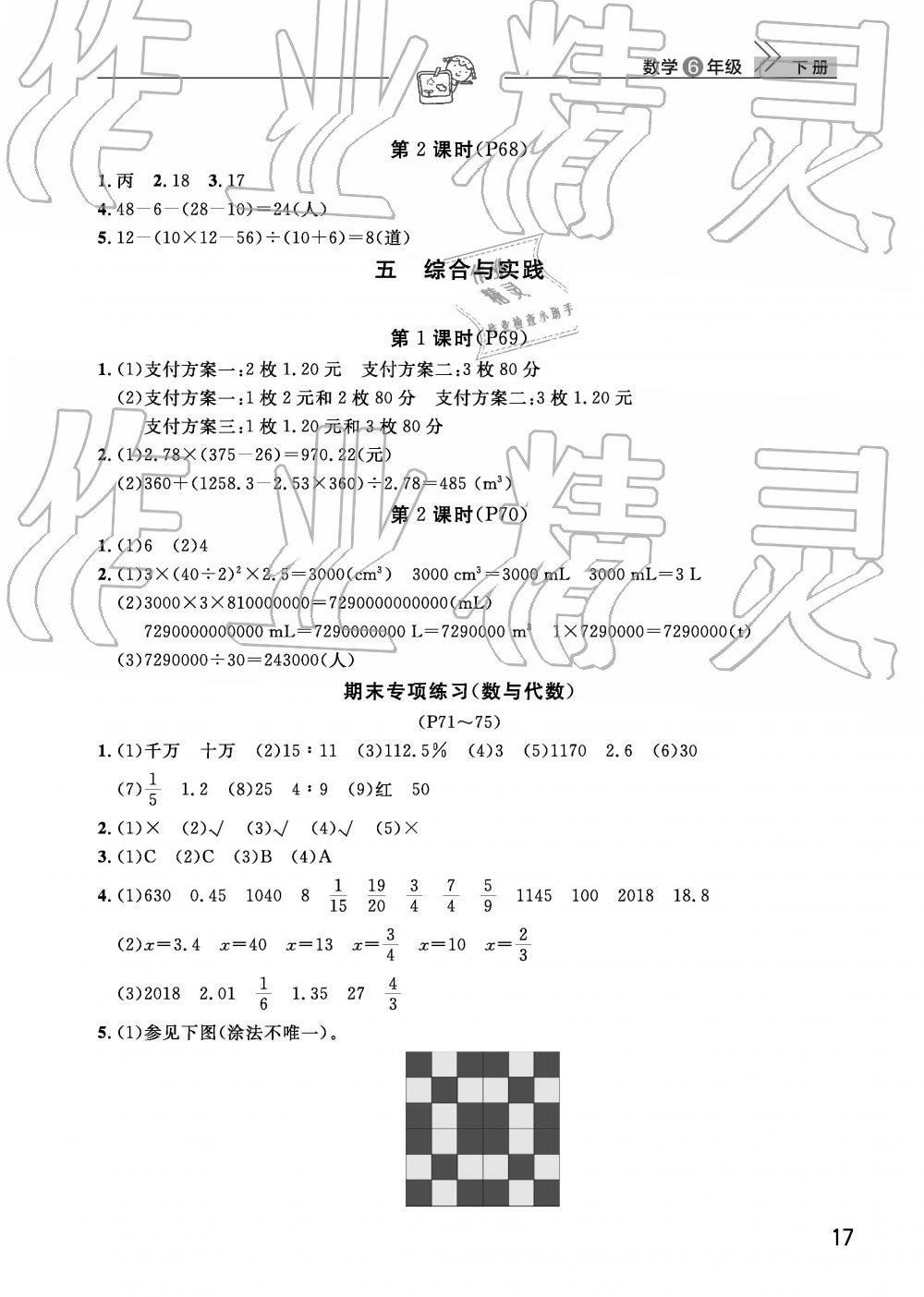 2019年智慧學習天天向上課堂作業(yè)六年級數學下冊人教版 參考答案第17頁