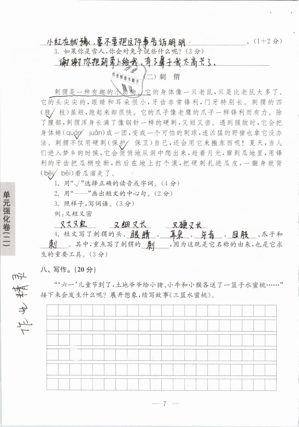 2019年强化拓展卷小学语文三年级下册苏教版提优版 参考答案第7页