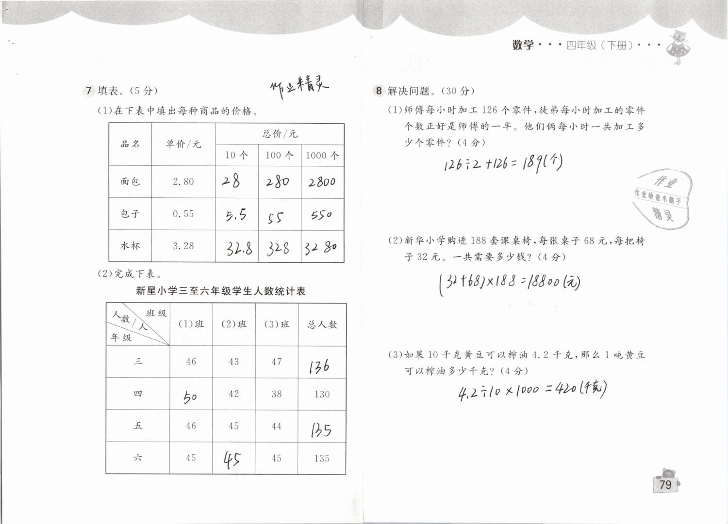 2019年新編基礎訓練四年級數(shù)學下冊人教版 參考答案第79頁