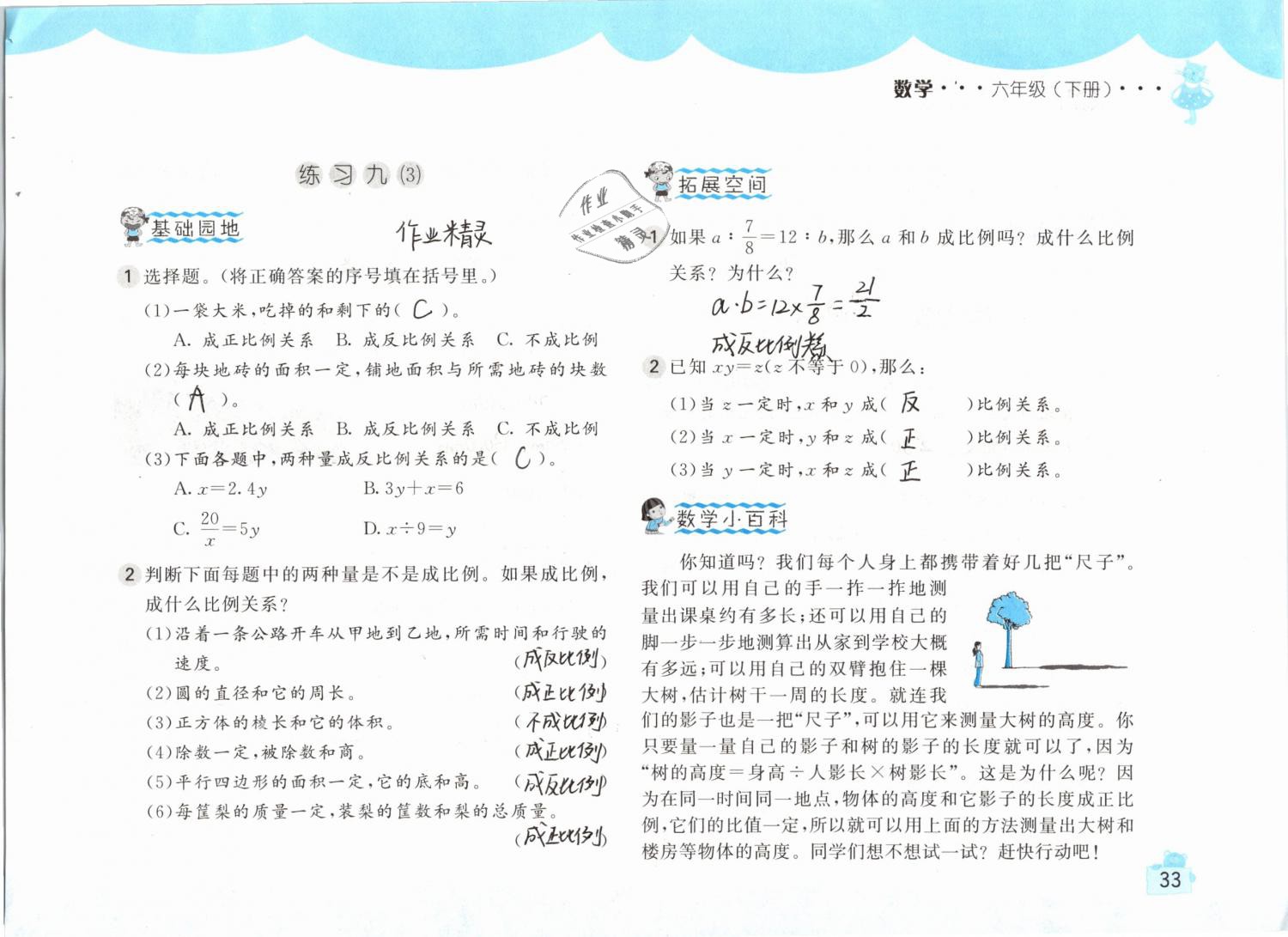 2019年新編基礎(chǔ)訓(xùn)練六年級(jí)數(shù)學(xué)下冊(cè)人教版 參考答案第33頁(yè)