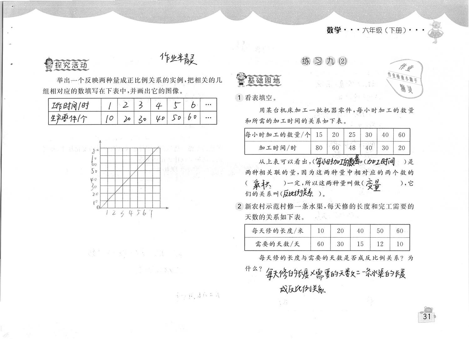 2019年新编基础训练六年级数学下册人教版 参考答案第31页