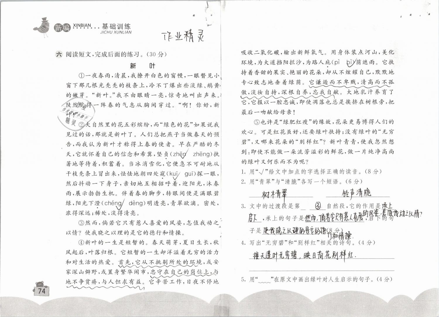 2019年新編基礎(chǔ)訓(xùn)練六年級語文下冊人教版 參考答案第74頁