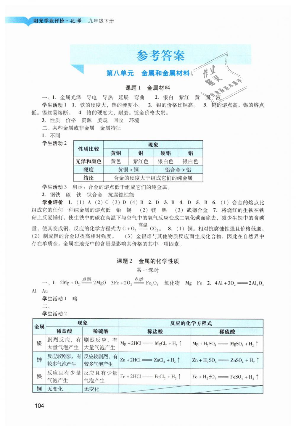 2019年阳光学业评价九年级化学下册人教版 第1页