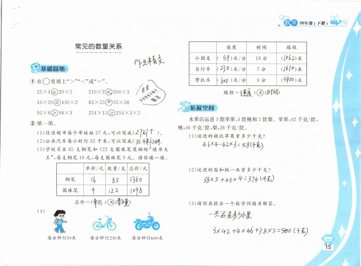 2019年新編基礎(chǔ)訓(xùn)練四年級數(shù)學(xué)下冊蘇教版 參考答案第15頁