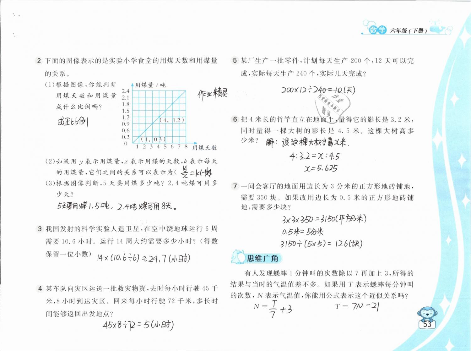 2019年新编基础训练六年级数学下册苏教版 参考答案第53页