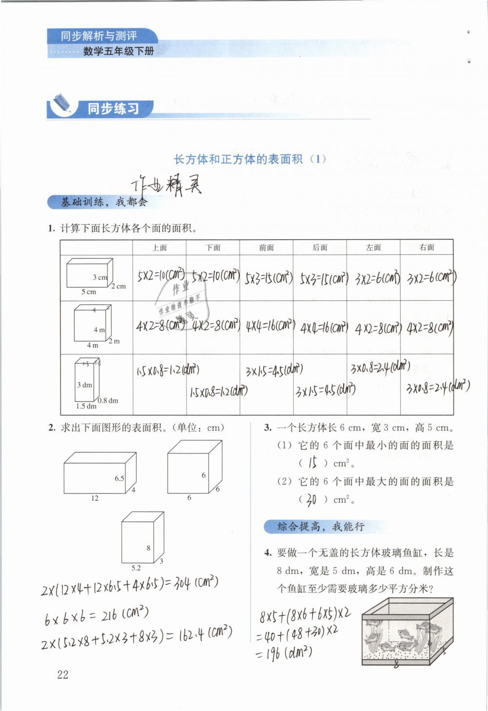 2019年人教金学典同步解析与测评五年级数学下册人教版 参考答案第22页