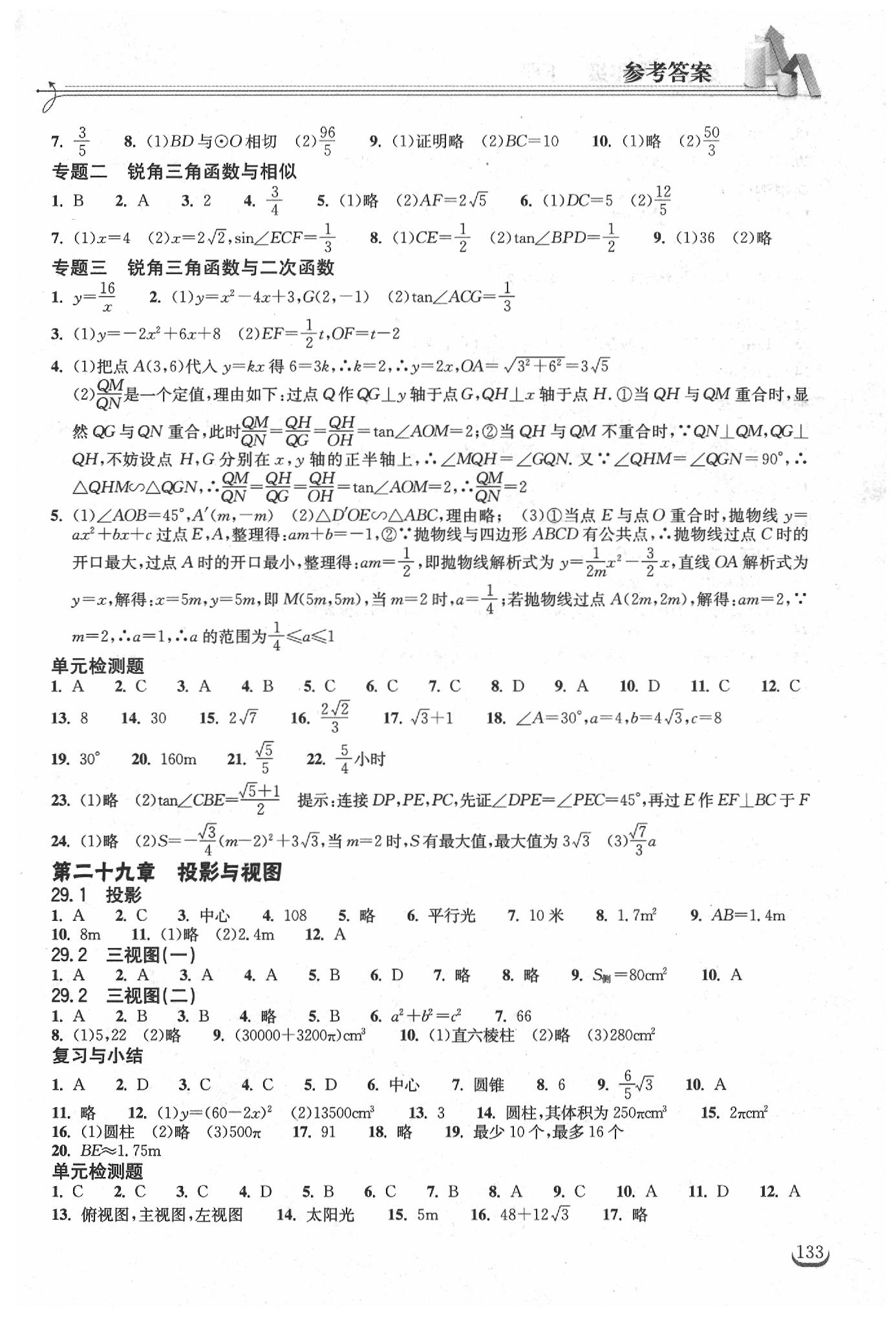 2019年长江作业本同步练习册九年级数学下册人教版 参考答案第7页