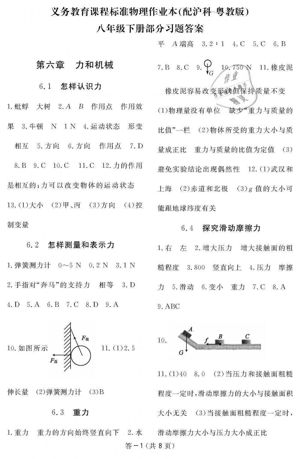 2019年物理作業(yè)本八年級下冊滬粵版江西教育出版社 第1頁