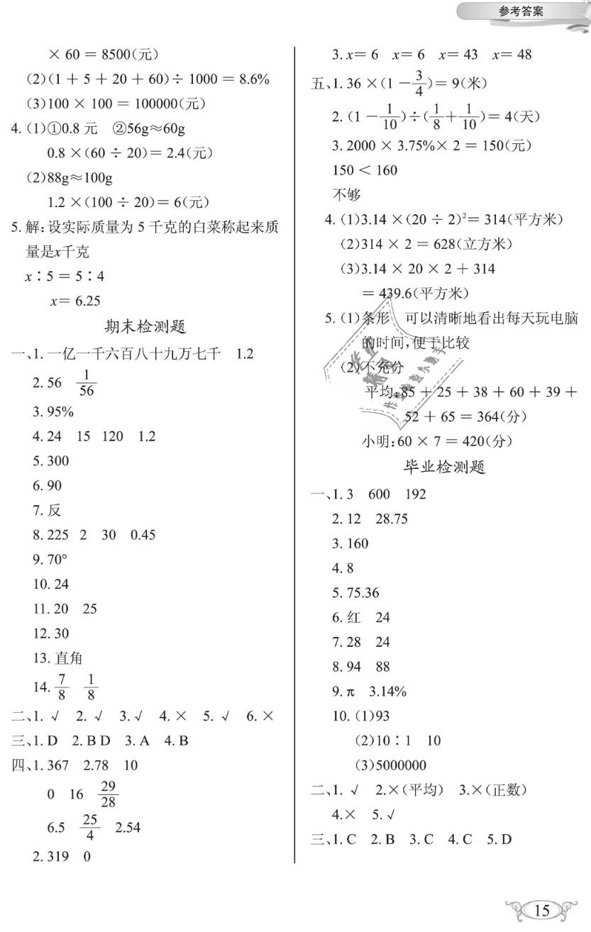 2019年長江作業(yè)本同步練習冊六年級數(shù)學下冊人教版 第15頁