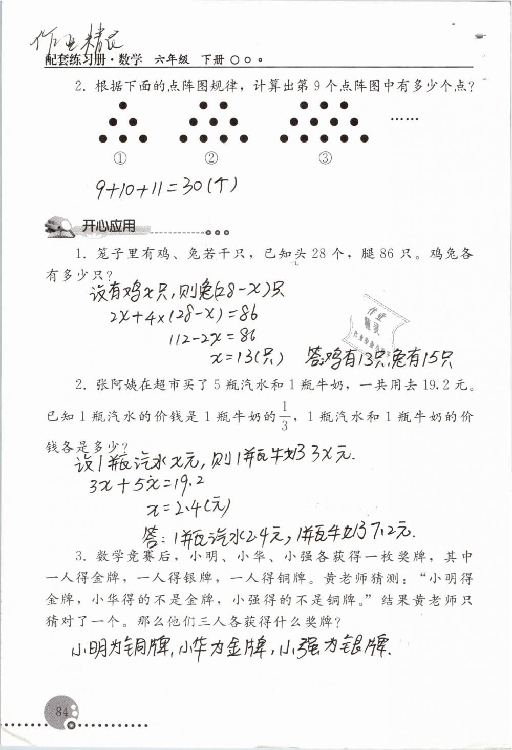 2019年配套練習(xí)冊(cè)六年級(jí)數(shù)學(xué)下冊(cè)人教版人民教育出版社 第84頁(yè)