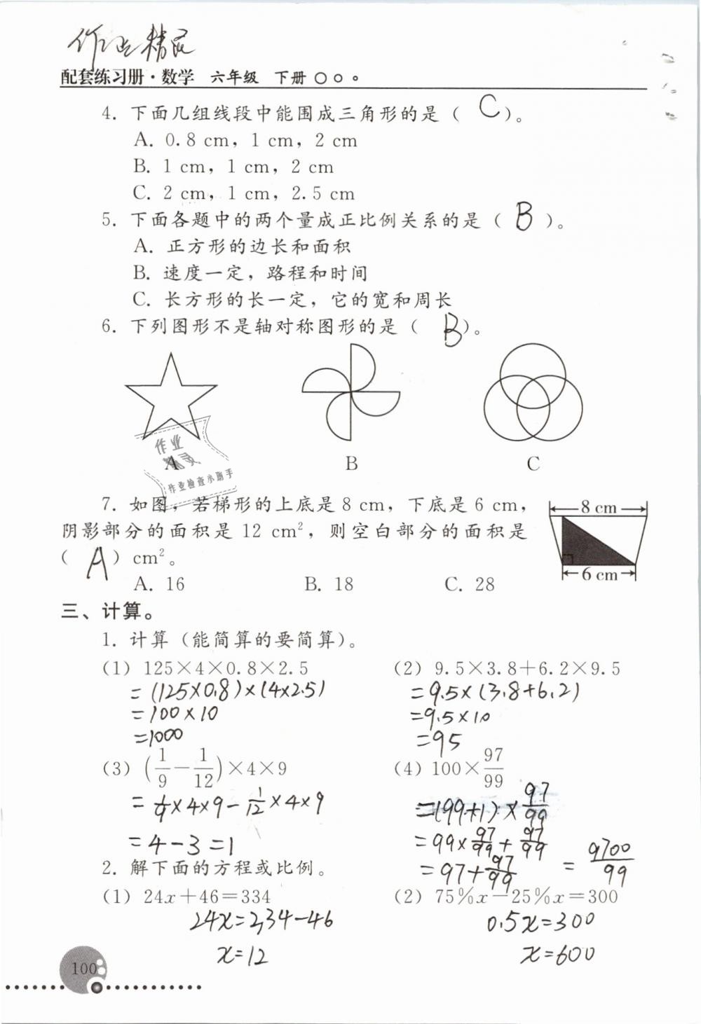 2019年配套練習(xí)冊(cè)六年級(jí)數(shù)學(xué)下冊(cè)人教版人民教育出版社 第100頁