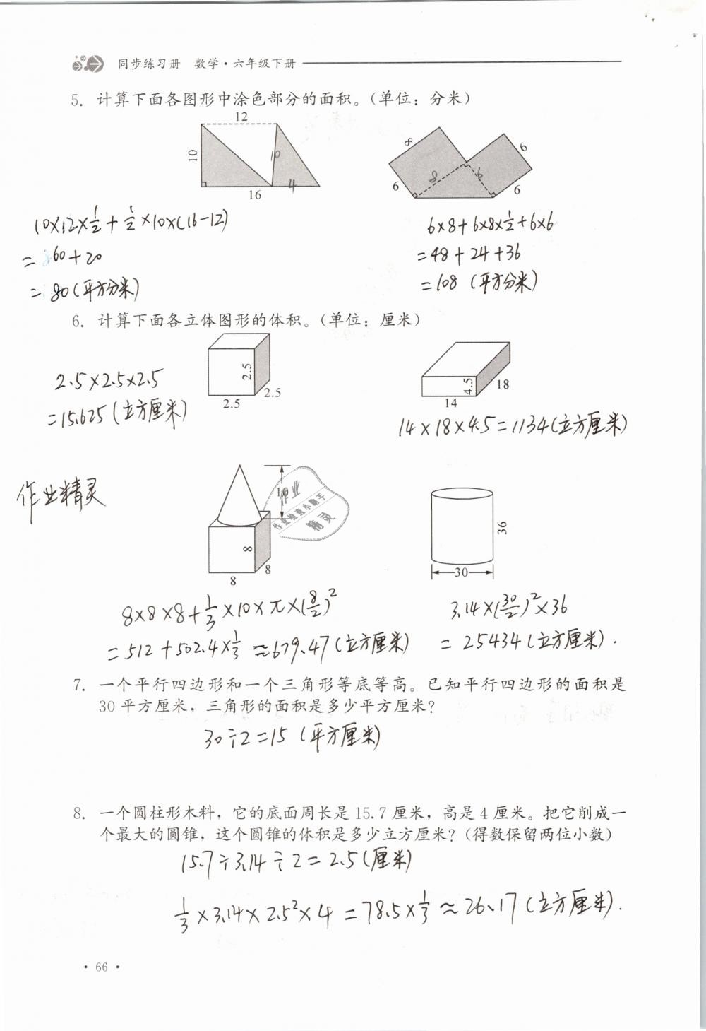 2019年同步练习册六年级数学下册冀教版河北教育出版社 参考答案第66页