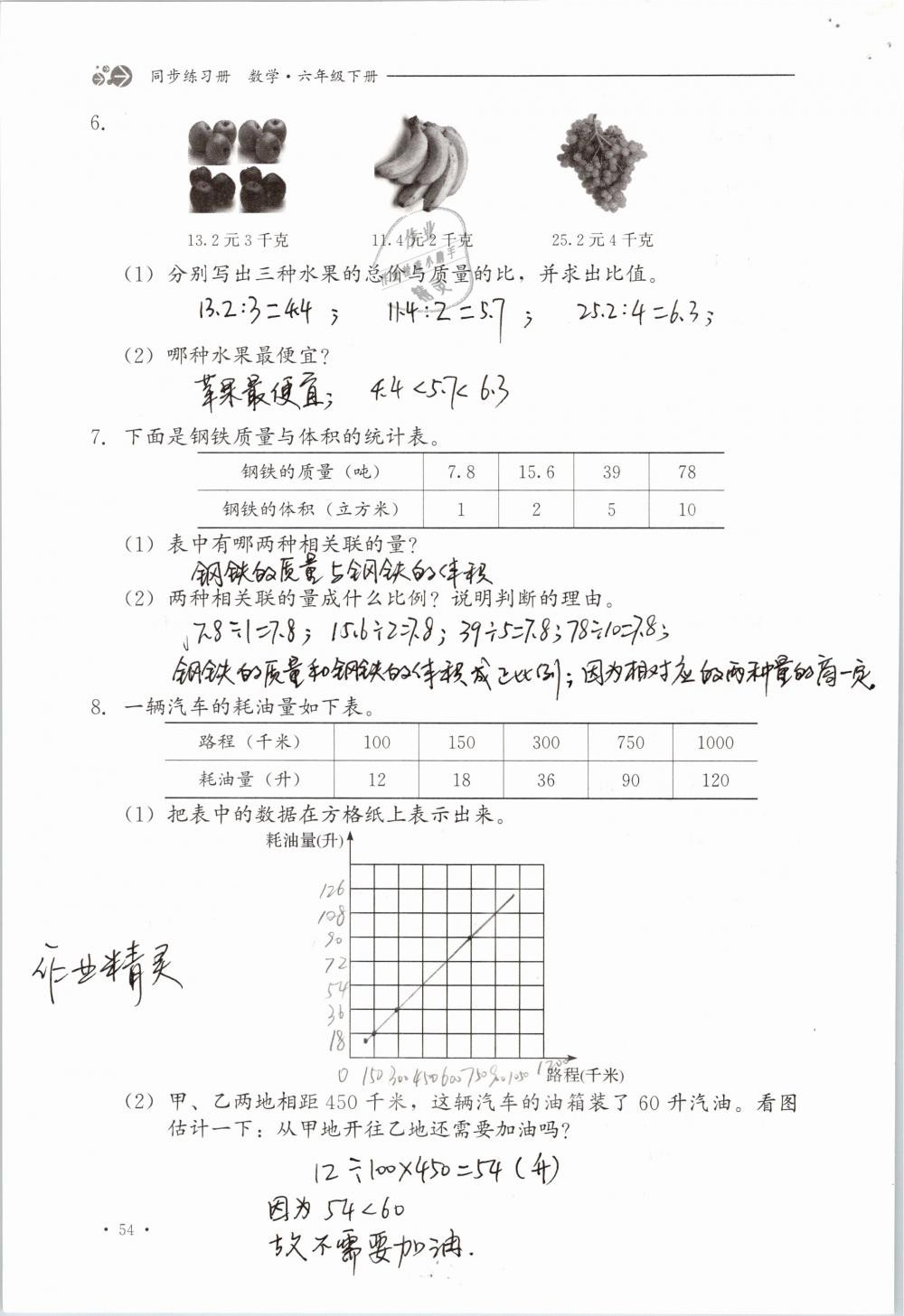 2019年同步练习册六年级数学下册冀教版河北教育出版社 参考答案第54页