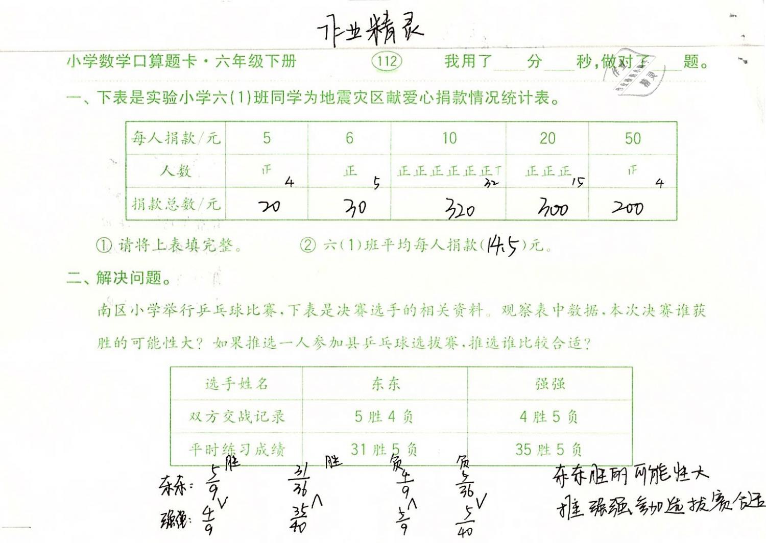 2019年口算題卡計算加應(yīng)用六年級數(shù)學(xué)下冊人教版齊魯書社 參考答案第112頁