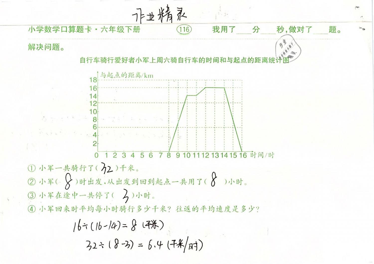 2019年口算题卡计算加应用六年级数学下册人教版齐鲁书社 参考答案第116页