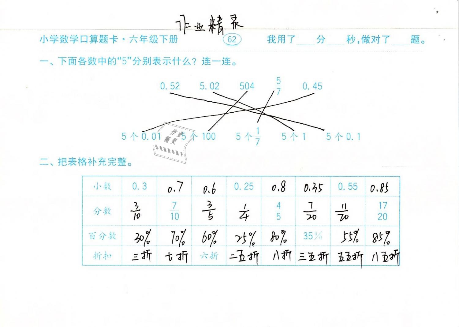 2019年口算題卡計算加應(yīng)用六年級數(shù)學(xué)下冊人教版齊魯書社 參考答案第62頁