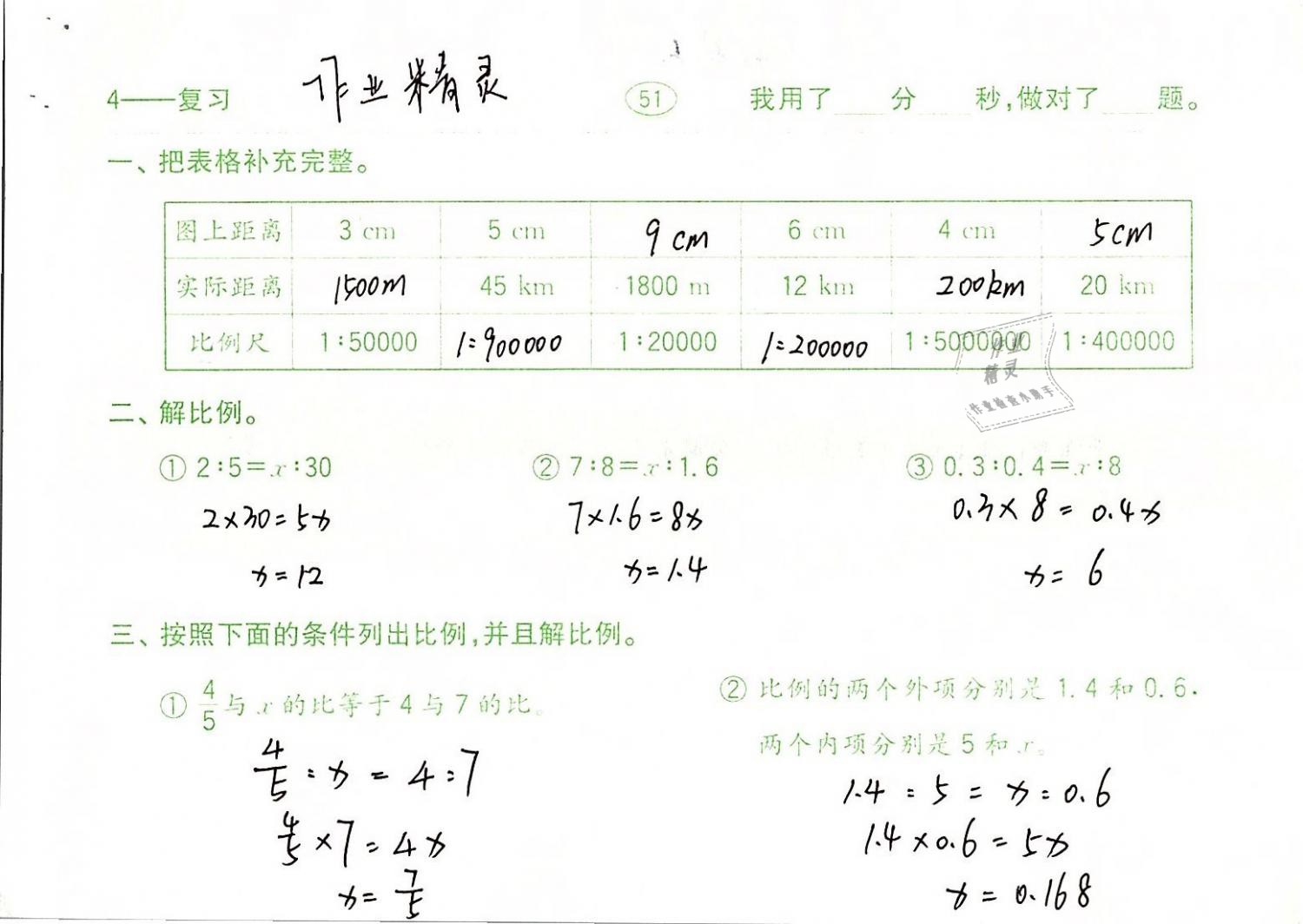 2019年口算題卡計(jì)算加應(yīng)用六年級(jí)數(shù)學(xué)下冊(cè)人教版齊魯書社 參考答案第51頁