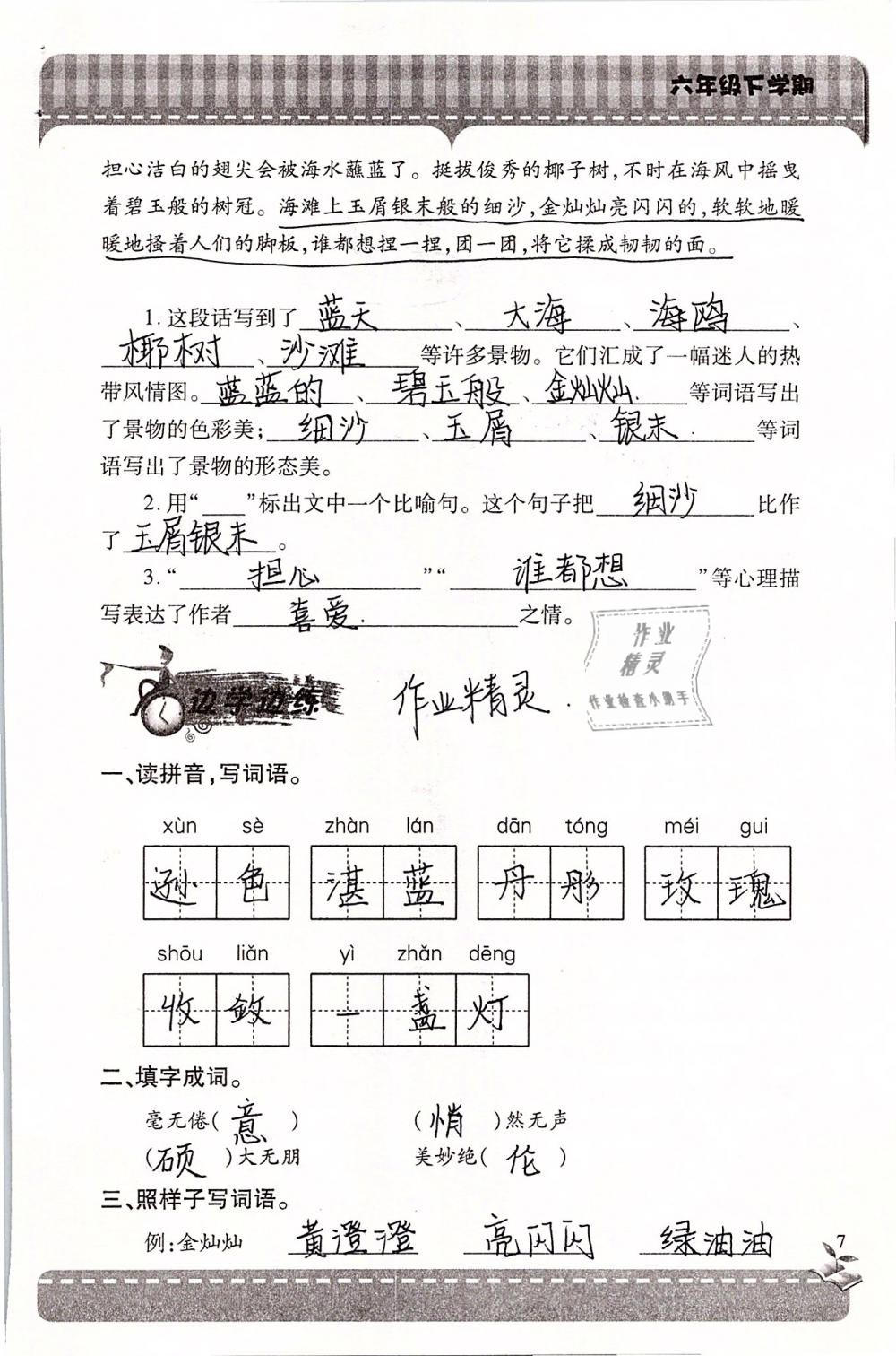 2019年新课堂同步学习与探究六年级语文下学期苏教版 参考答案第7页