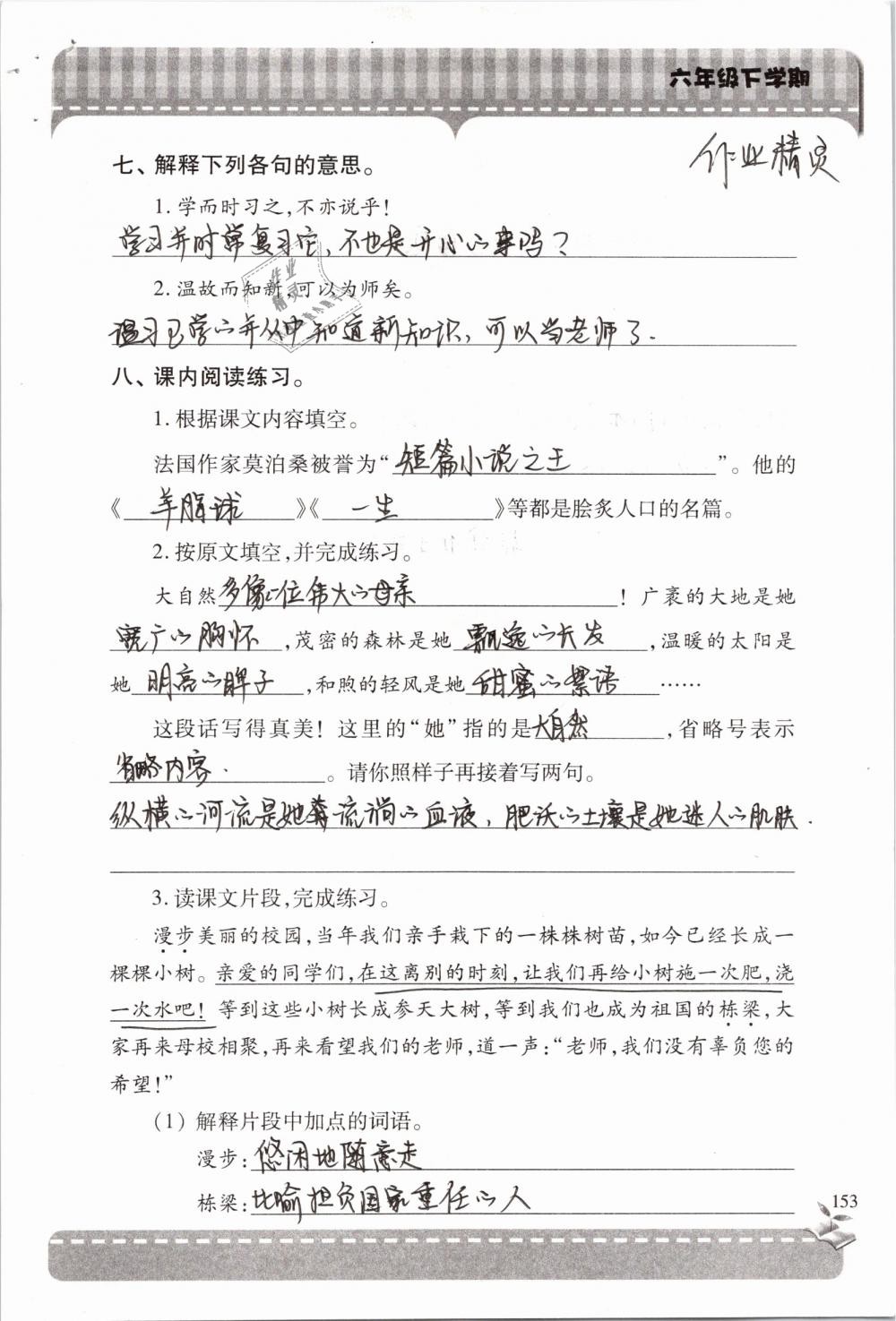 2019年新课堂同步学习与探究六年级语文下学期苏教版 参考答案第153页