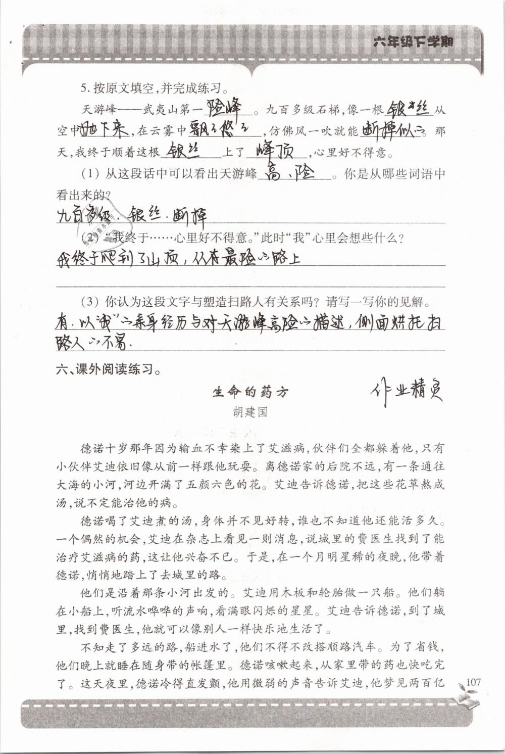 2019年新课堂同步学习与探究六年级语文下学期苏教版 参考答案第107页