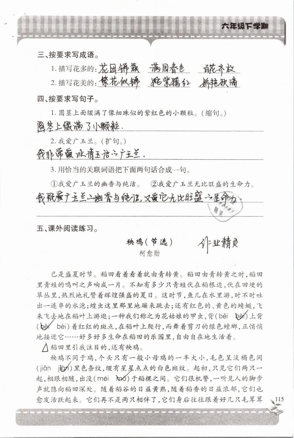 2019年新课堂同步学习与探究六年级语文下学期苏教版 参考答案第115页