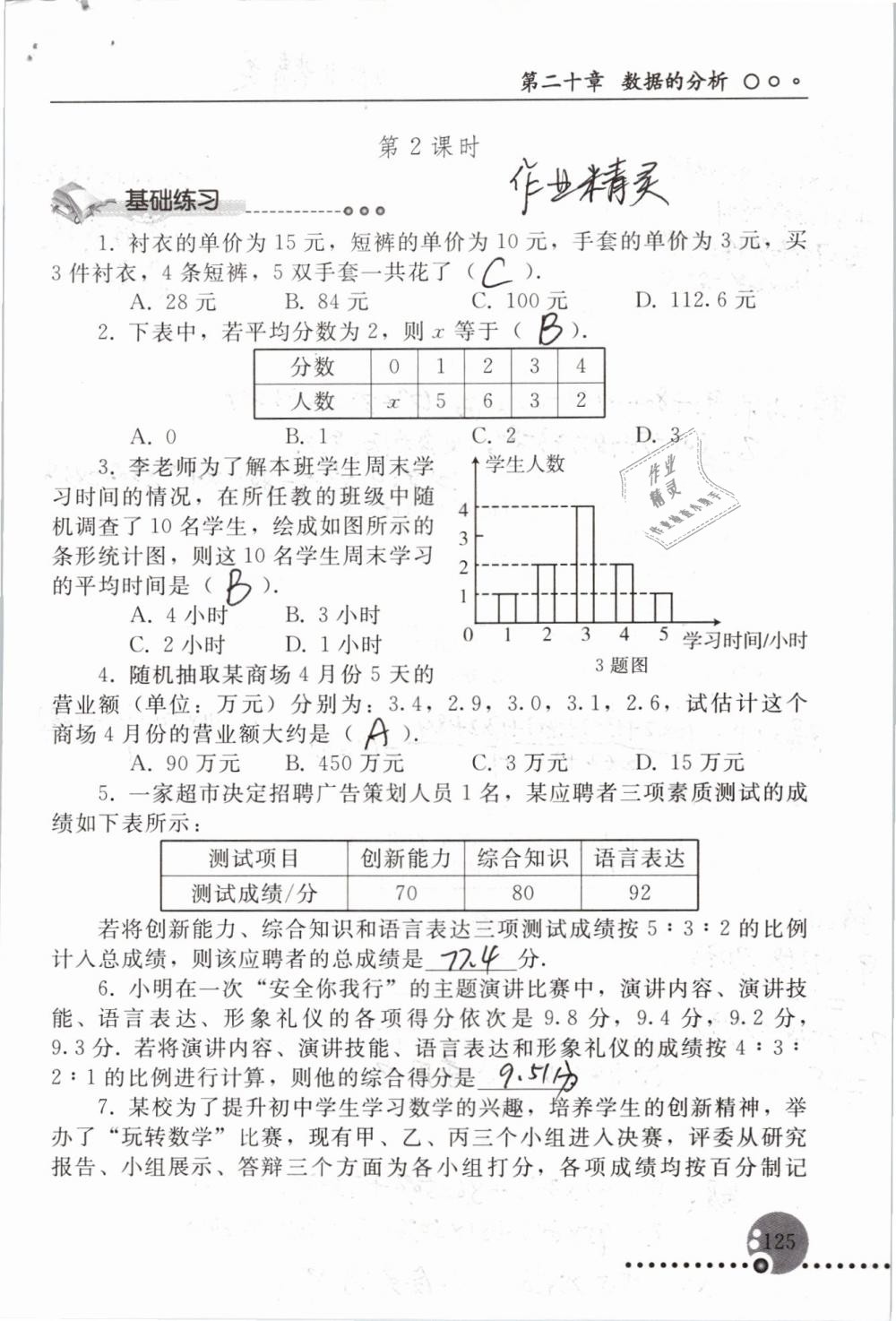 2019年配套練習(xí)冊(cè)八年級(jí)數(shù)學(xué)下冊(cè)人教版人民教育出版社 參考答案第125頁