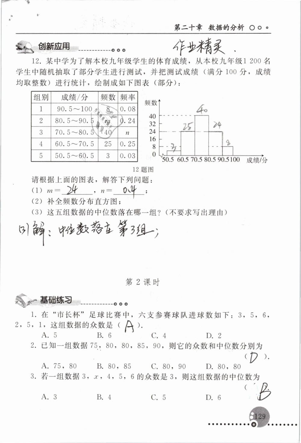 2019年配套練習(xí)冊(cè)八年級(jí)數(shù)學(xué)下冊(cè)人教版人民教育出版社 參考答案第129頁