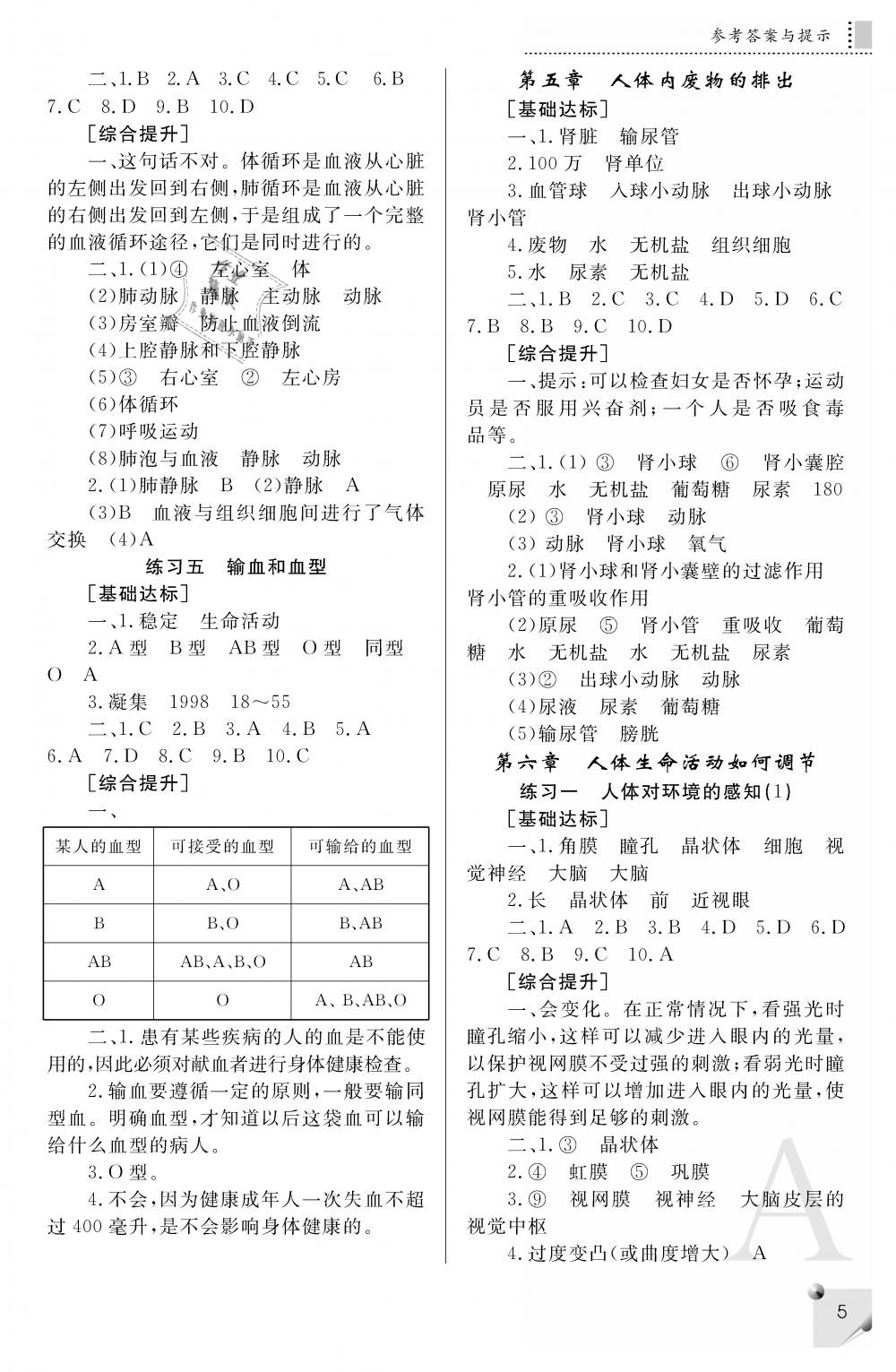 2019年课堂练习册七年级生物下册A版 第5页