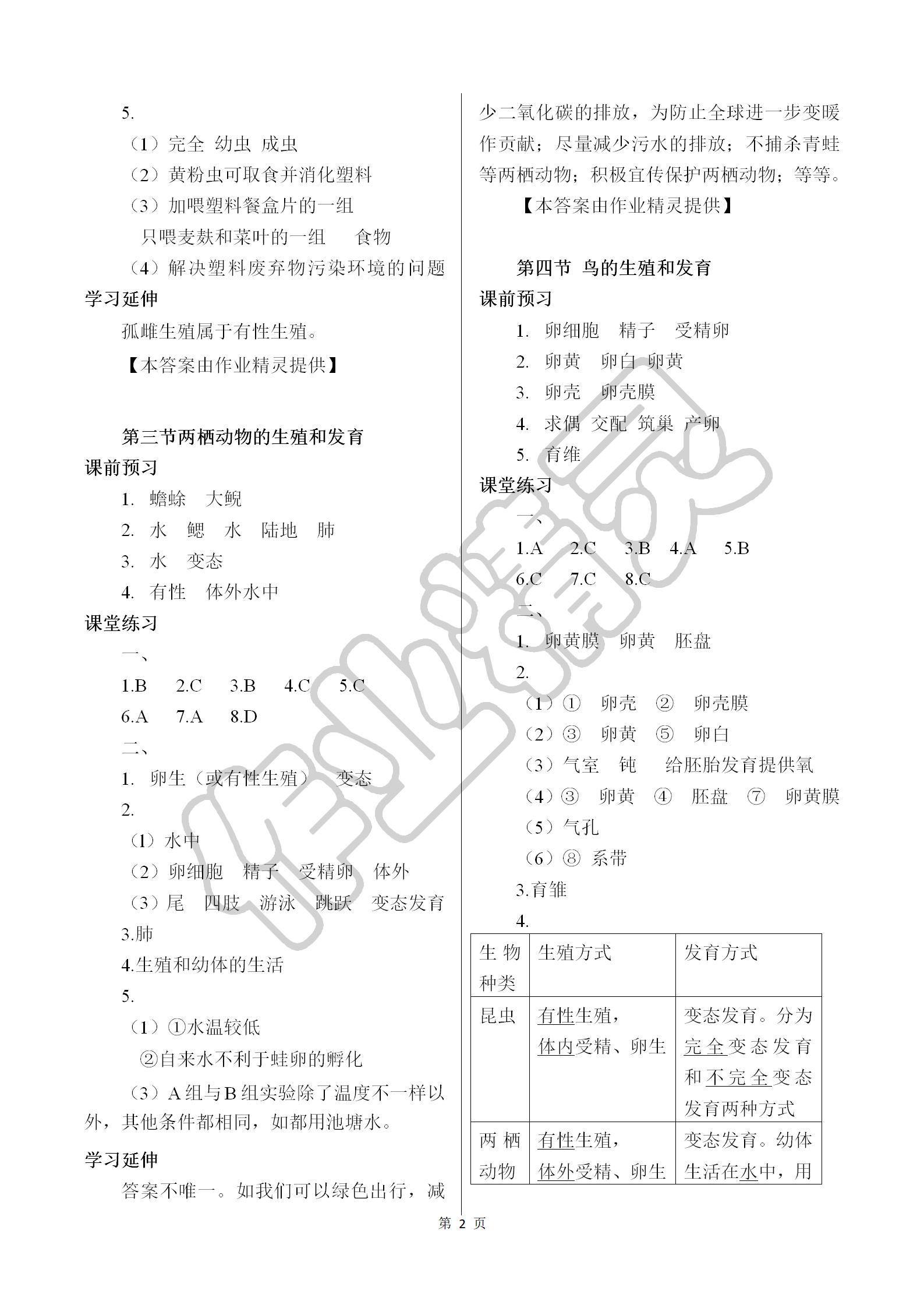 2019年基础训练八年级生物学下册人教版大象出版社 参考答案第2页